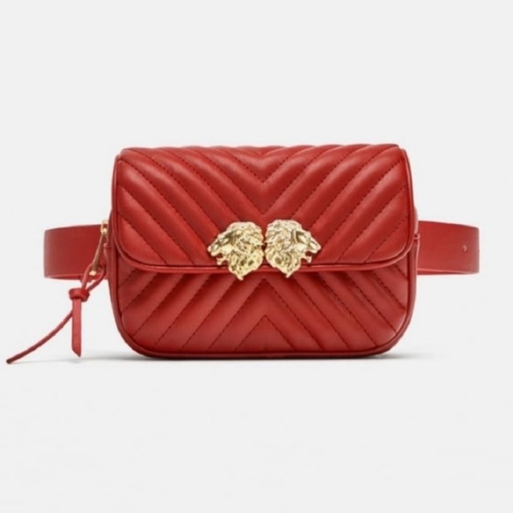 Zara Crossbody Belt Bag in red w/ lion head NWT